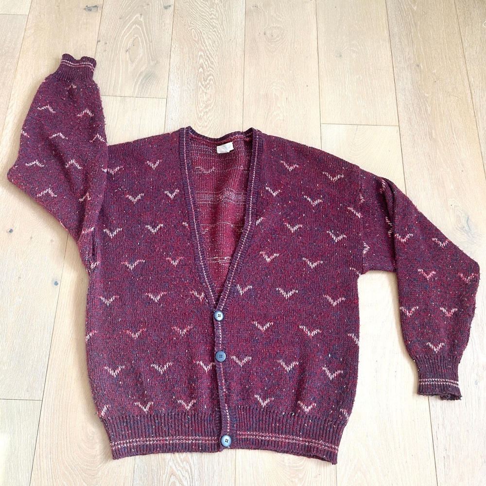 90s Burgundy and Navy V-neck Cardigan Button Up Sweater Men's L